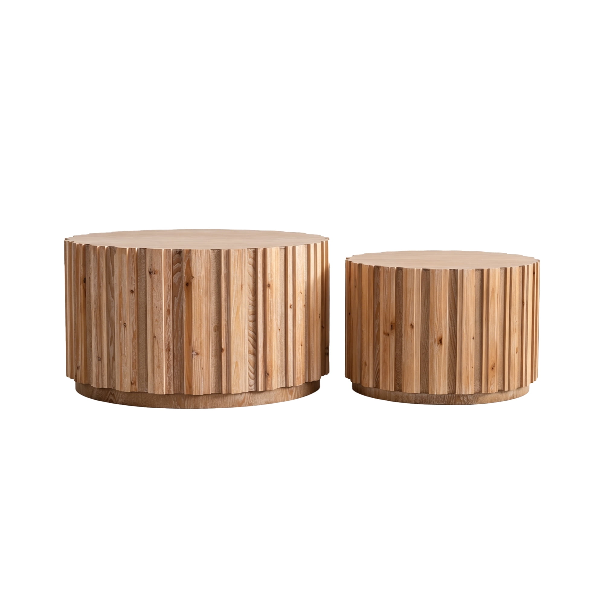 Leumius Round Nesting Coffee Table Set of 2, Wood Accent Tables with Vertical Slatted Body, Rustic Farmhouse Side Tables for Living Room Natural
