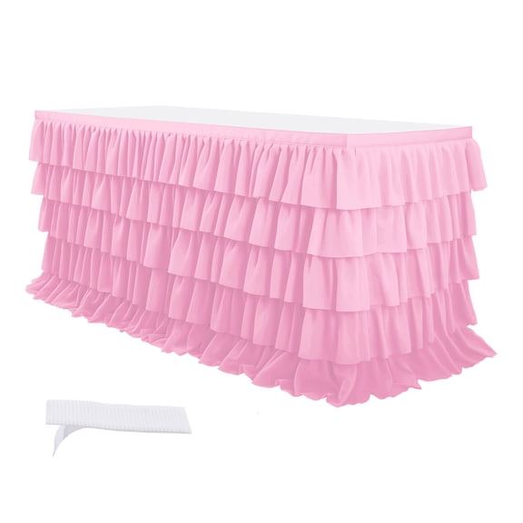 OIUR Ruffled Table Skirt 5-Tier Pleated Chiffon Tablecloth Reusable Tutu Table Skirt for Classroom Teacher Desk Back to School Birthday Party Cake Dessert Table Decoration