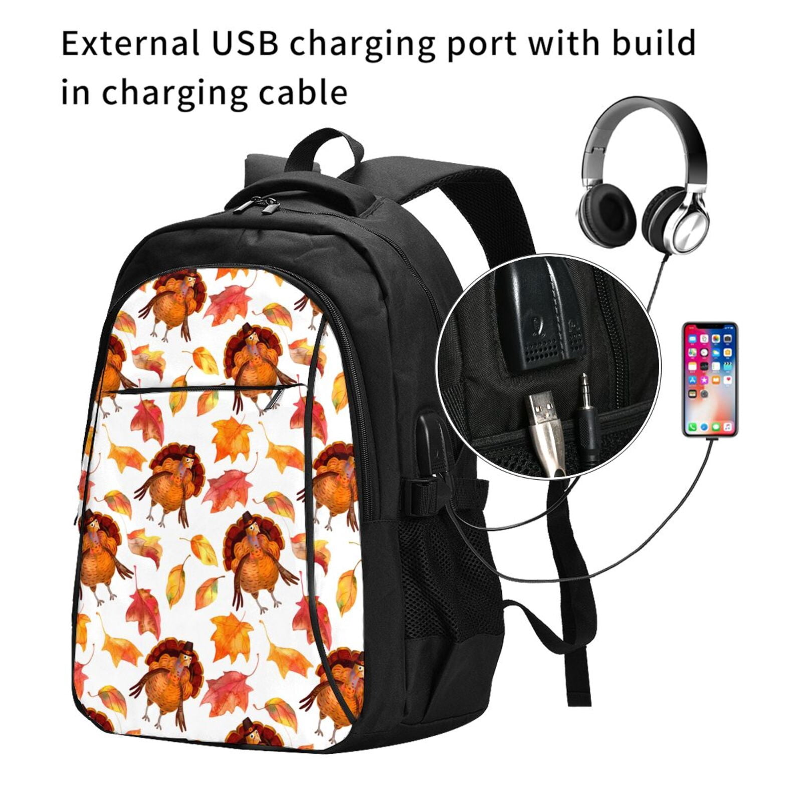 Horeoi Thanksgiving Turkey Leaves Print USB Backpack for 