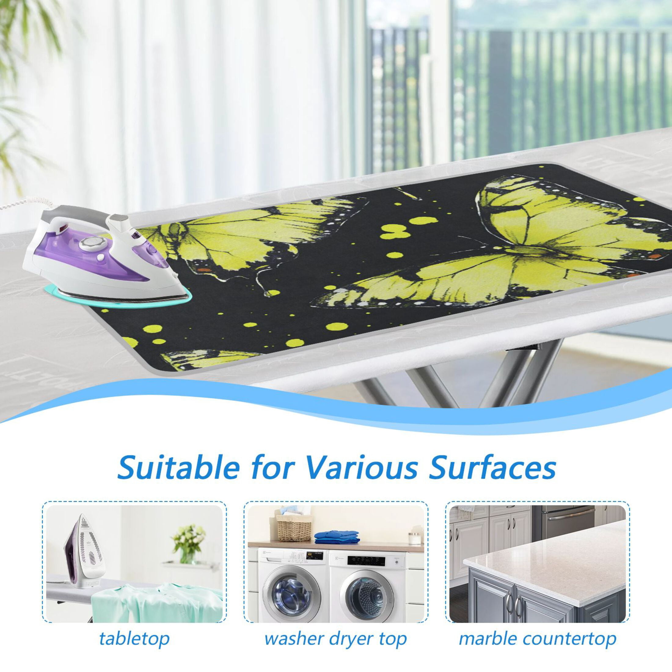Yellow Butterflies on Black Ironing Mat Blanket for Table Top Travel Portable Ironing Board Pad 47.2x27.6 Inch