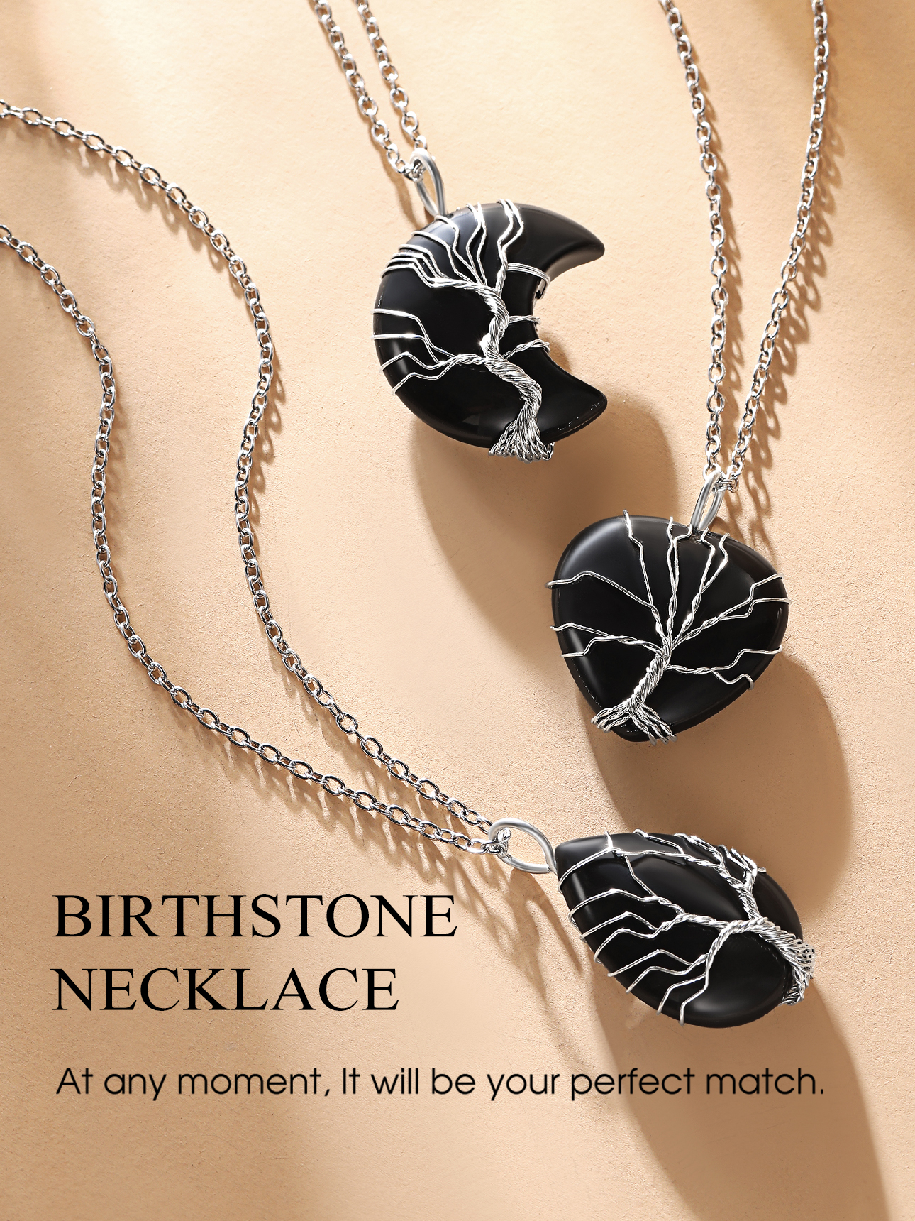 Bestyle Tree of Life Black Onyx Crescent Moon Necklace photo 5