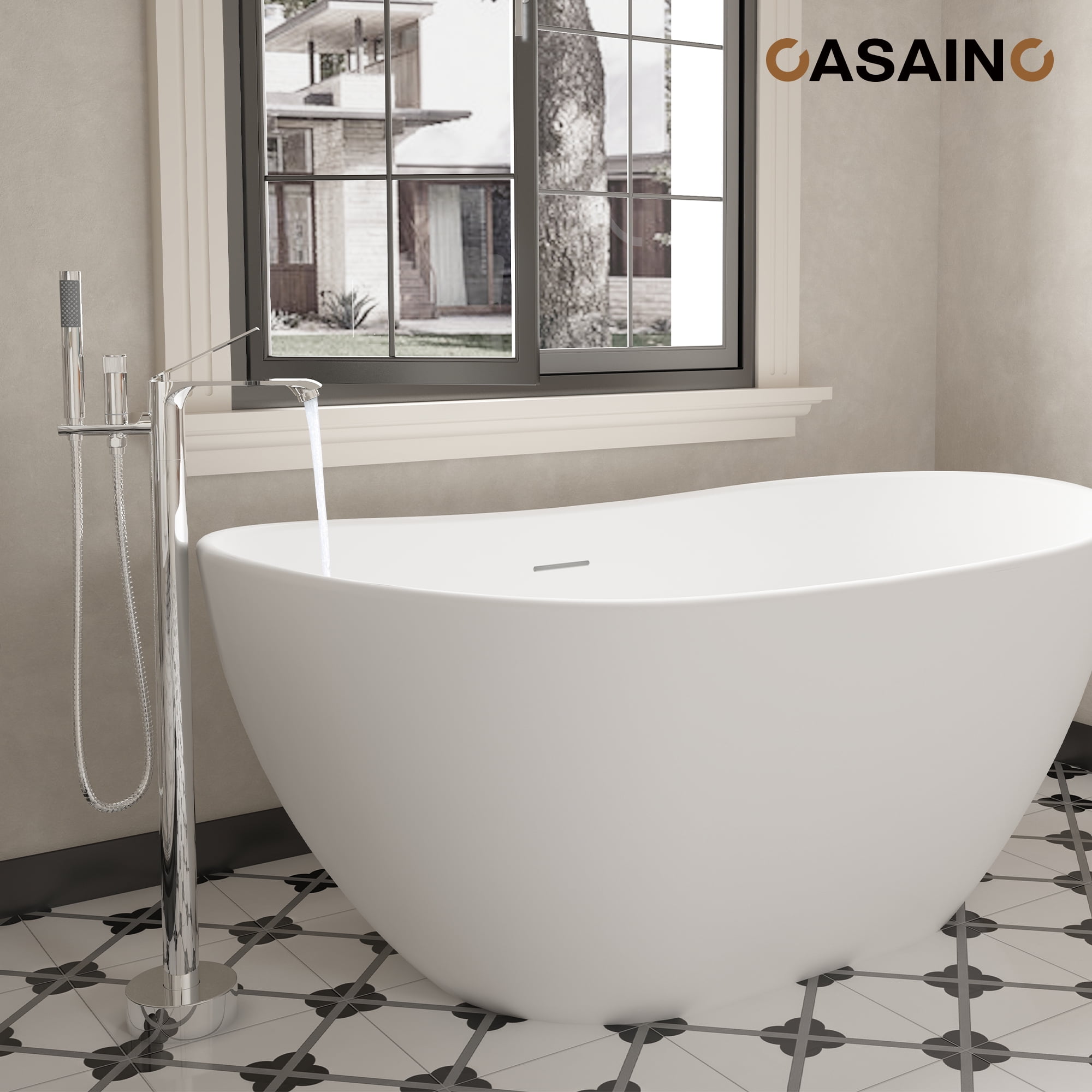 CASAINC Single-Handle Freestanding Floor Mount Tub Filler Faucet with Handheld Shower in Chrome Plated