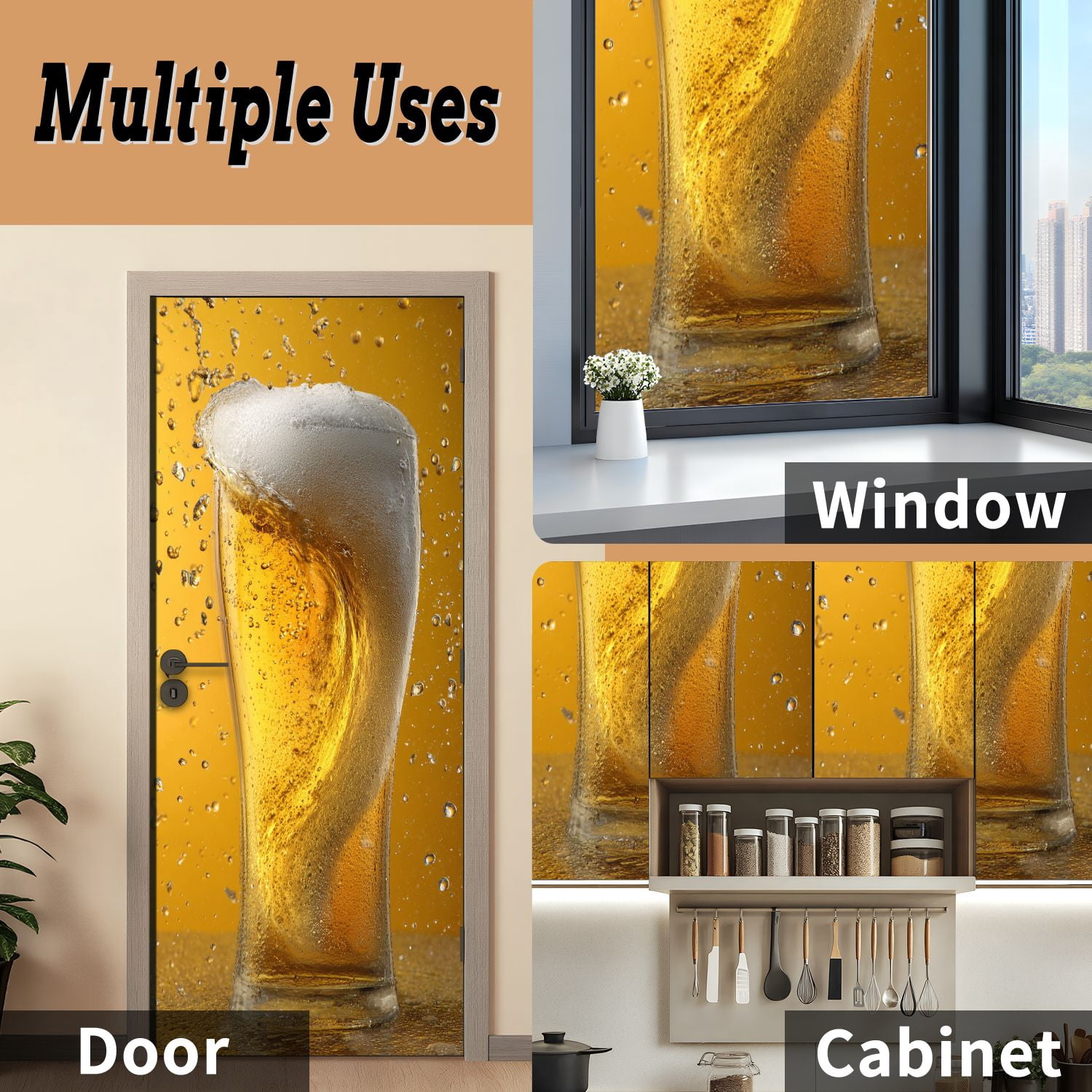 Self Adhesive Vinyl Refrigerator Wrap Set beer Door Mural Removable Fridge Sticker Peel and Stick&nbsp;Full Door Cover Decal Kitchen Bar Decor