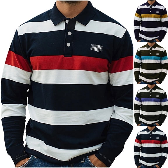 SeCaotees Classic Striped Rugby Polo Shirts for Men Long Sleeve Button Placket Chest Decor Detail Breathable Knit Material Loose Fit Street Daily Tops Blue,L