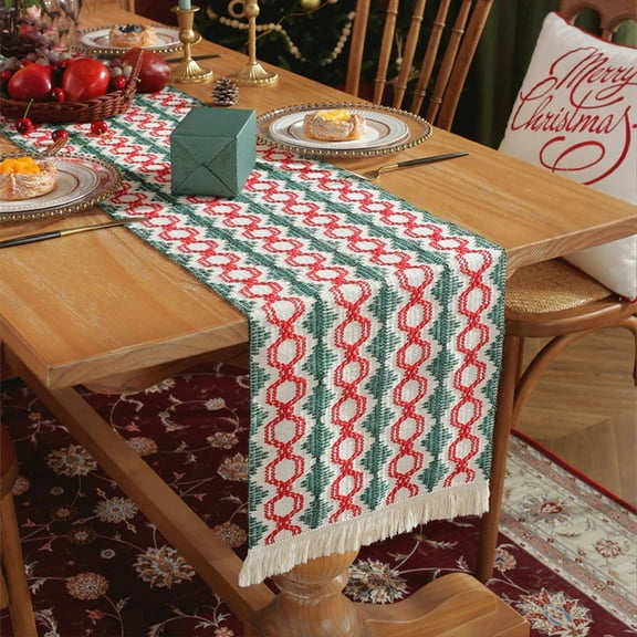Tunhigl Christmas Table Runner with Tassels - 6 ft Cotton Holiday Table Runner for Dining Room Kitchen Decor, Festive Tassel Trim Table Centerpiece Decoration, Traditional Christmas Home Decor