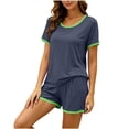 thumbnail image 5 of Pajamas for Women Set Dqueduo Women's Solid Color Crew Neck Short Sleeve Top & Shorts Pajama Set – Contrast Piping Loungewear, 5 of 7