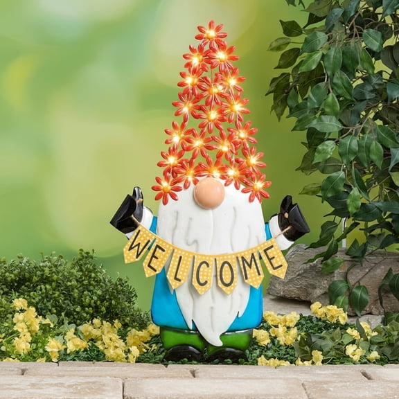 Welcome Gnome Garden Stake With Solar Flower Hat