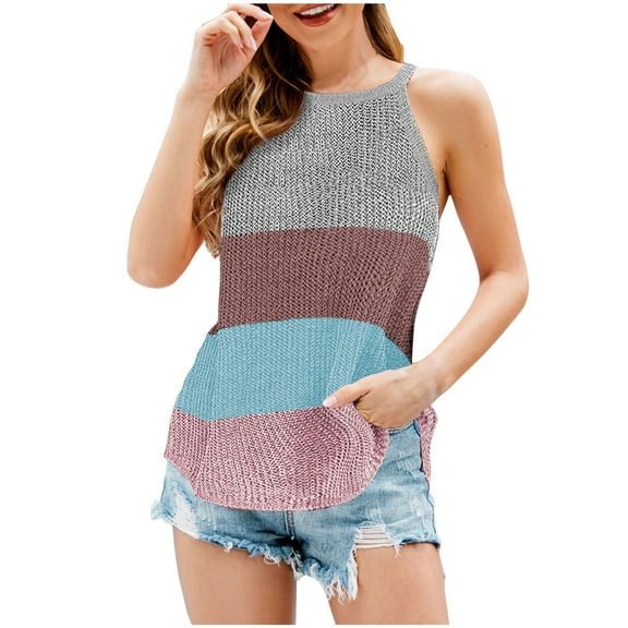 Yuzhih Tank Tops Women Color Block Knit Tees Beach Sleeveless Blouse Crewneck Casual Loose Shirts