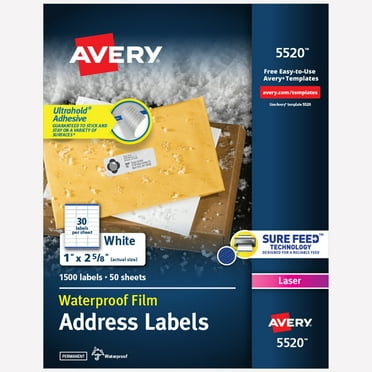 Avery Waterproof Address Labels, 1" x 2-5/8", 1,500 Labels (5520)
