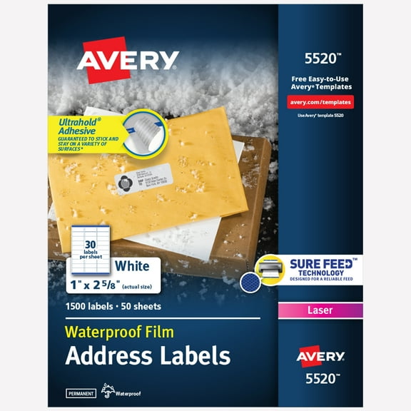 Avery Waterproof Address Labels, 1" x 2-5/8", 1,500 Labels (5520)