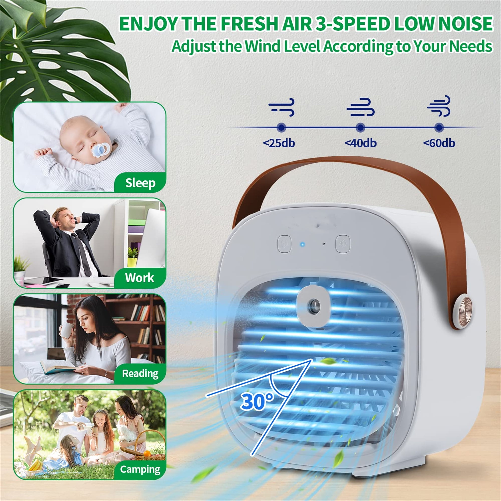 Air Conditioner Portable Rechargeable Personal Cordless Air Cooler Battery Powered Fan 3 Speeds for Room Office Dorm and Outdoor (White) - Walmart.com