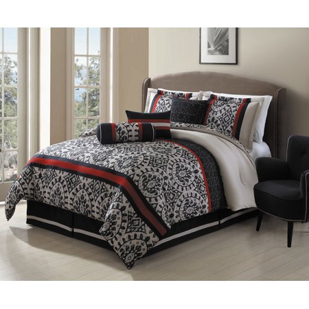 7 Piece Kumari Black Taupe Red Comforter Set Walmart Com