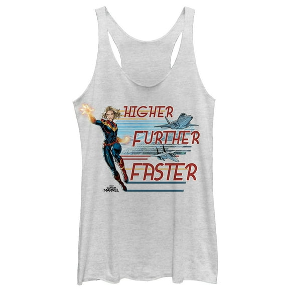 Women's Marvel Captain Marvel Higher Mantra Cartoon  Racerback Tank Top White Heather X Small