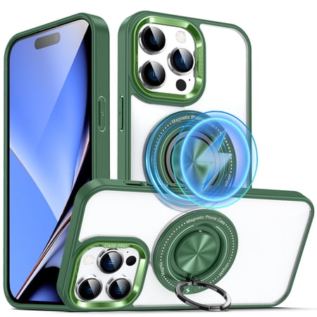 ELEHOLD Magnetic for iPhone XR Case,Transparent Clear Anti-Yellowing Rotation Ring Holder Kickstand Compatible with Mag Safe Work with Magnetic Car Mount,Slim Shockproof Protection,Green