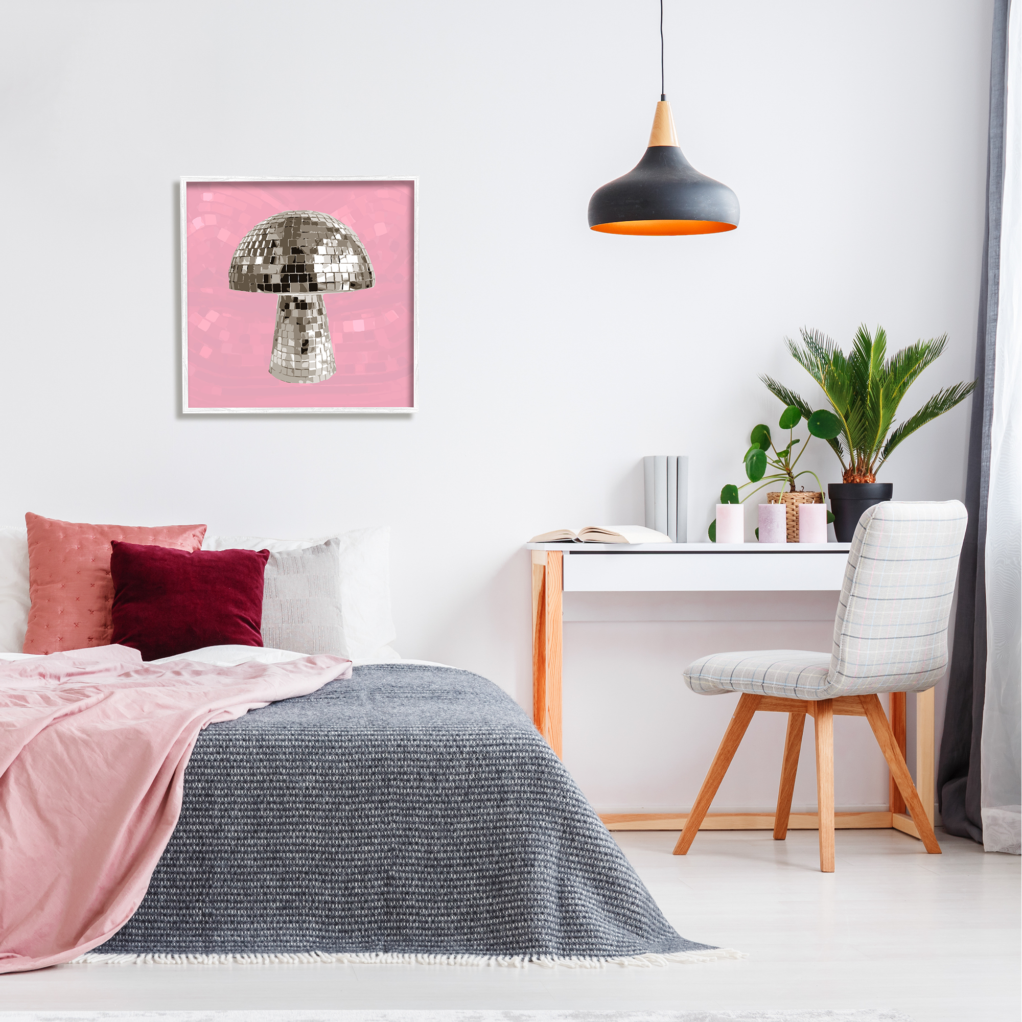 Stupell Industries Pink Mushroom Shaped Disco Ball Beauty & Fashion Painting White Framed Art Print Wall Art