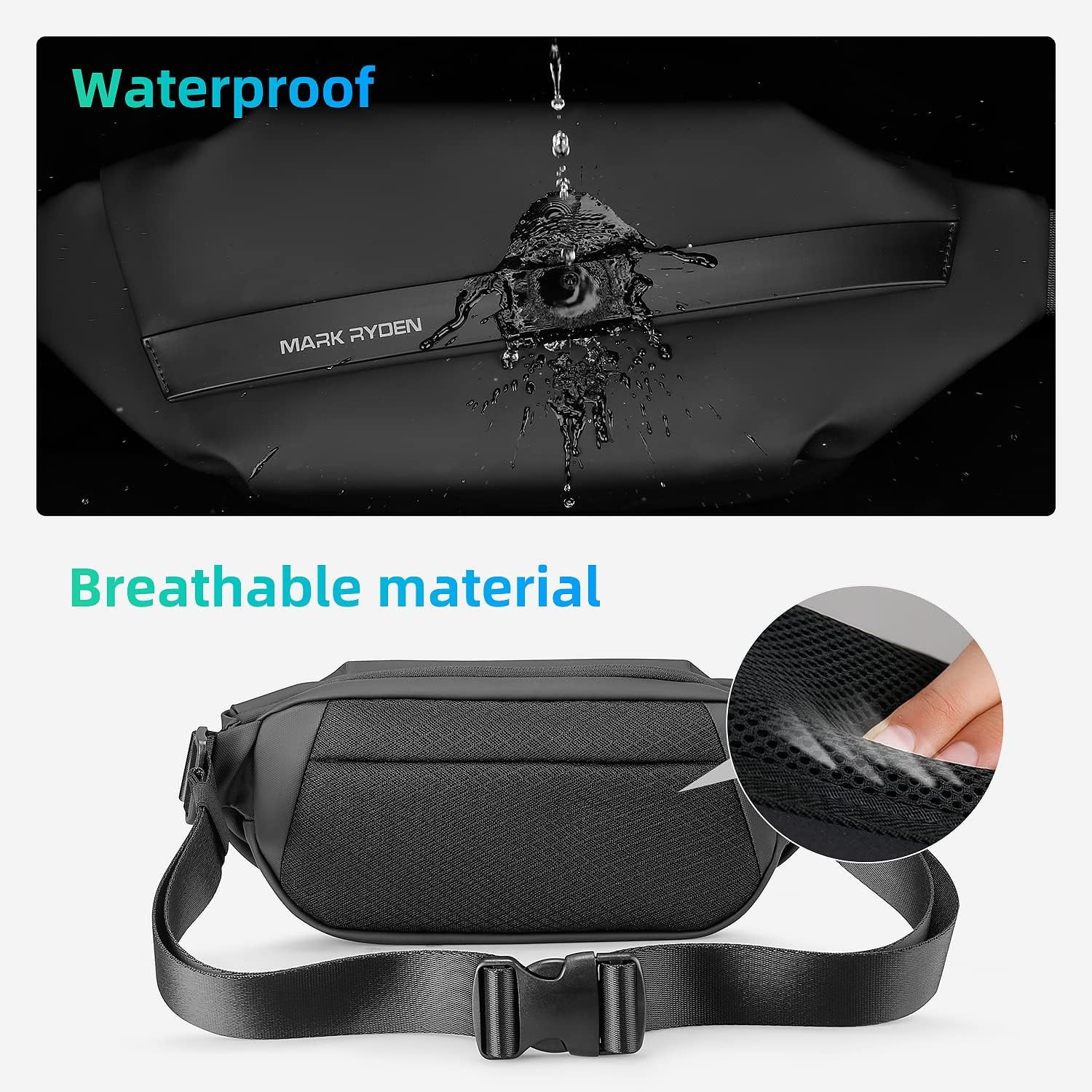 MARK RYDEN Crossbody Fanny Pack for Men, Waterproof Shoulder Chest Bag with Strong Double Face Sew Magnetic Snap, Adjustable Waist Bag for Traveling, Sporting, Cycling, Daily