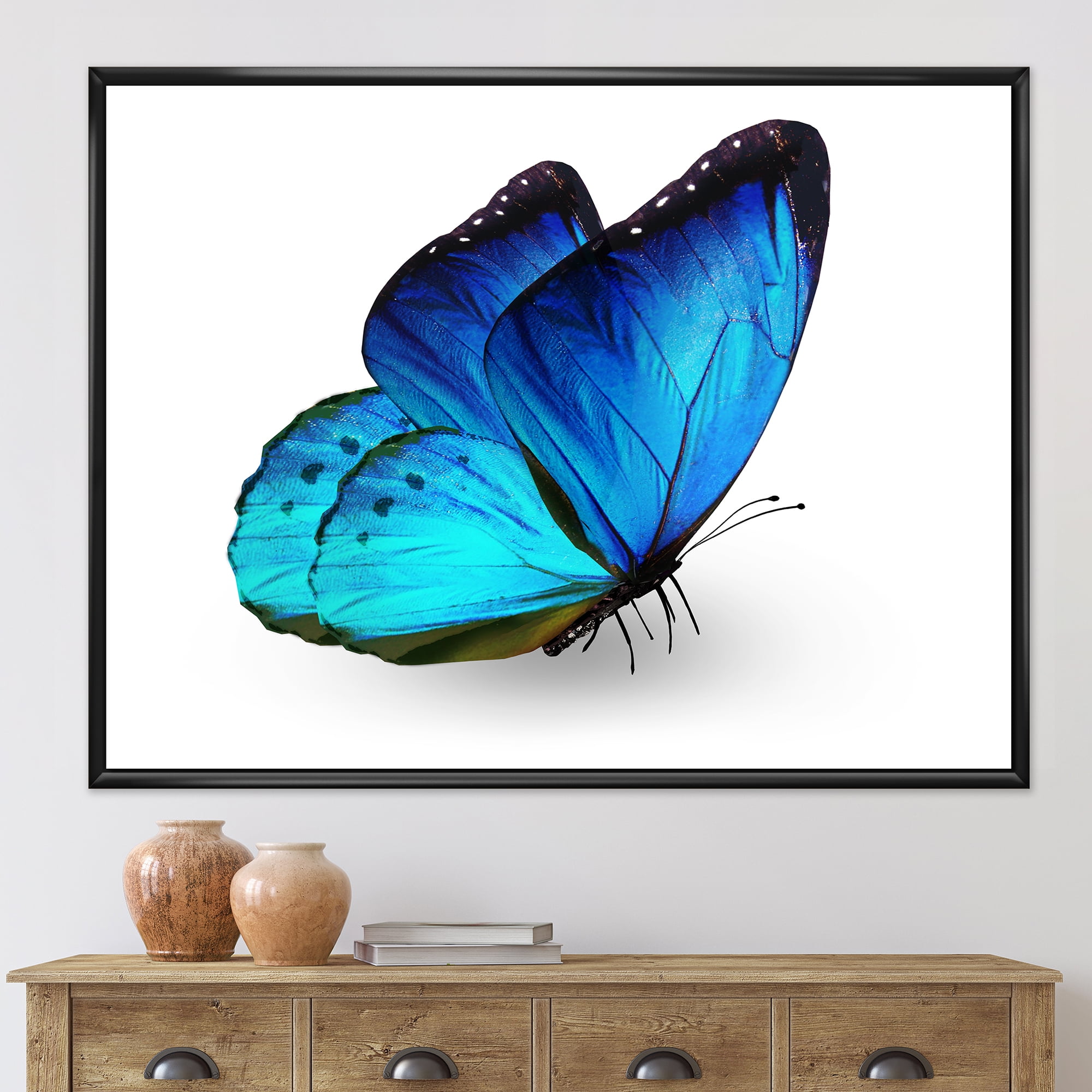 Designart 'Close Up Of Vibrant Blue Butterfly On White' Modern Framed Canvas Wall Art Print