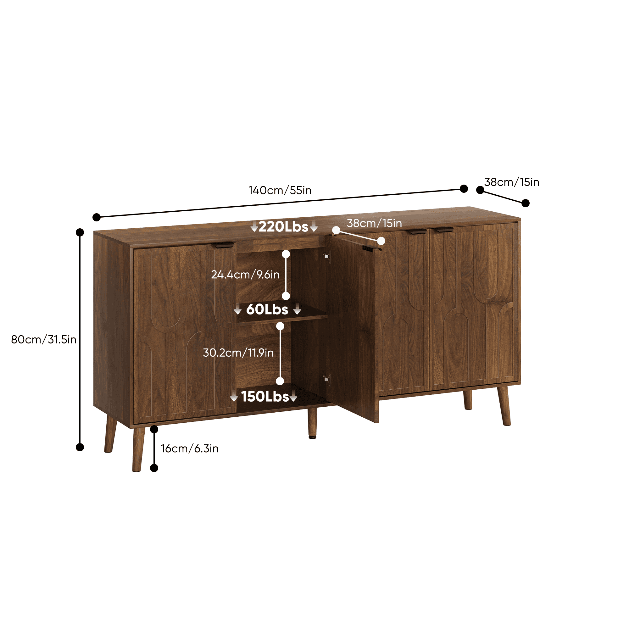 55-Inch Sideboard Serving Cabinet, Mid-Century Modern Style Wooden Entryway Cabinet, Four-Door Storage Unit With Metal Handles, Sturdy Solid Wood Legs