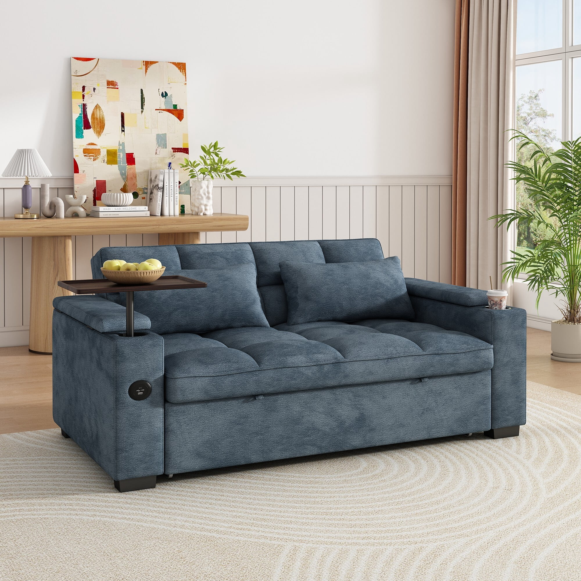 DEALTOPS 65" 3-in-1 Sleeper Sofa Bed, 3-Position Pull Out Couch with 90° Swivel Table, USB & Storage, Chenille, Blue
