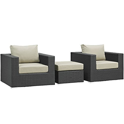 Modway Rattan Sojourn 3-Piece Wicker Outdoor Patio Furniture Sectional, Beige