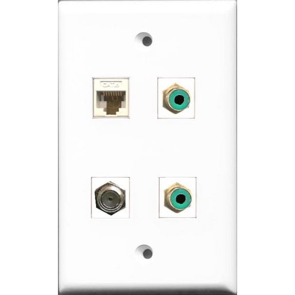 RiteAV - 2 Port RCA Green and 1 Port Coax Cable TV- F-Type and 1 Port Cat6 Ethernet White Wall Plate