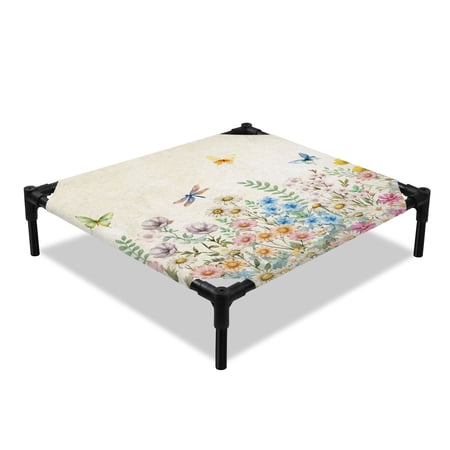 Spring Florals Elevated Dog Bed Watercolor Colorful Floral Leaf Butterfly Dragonfly Beige Cooling Breathable Outdoor Raised Dog Cot Bed with Metal Frame Non-Slip Feet for Small Dog 20x20in