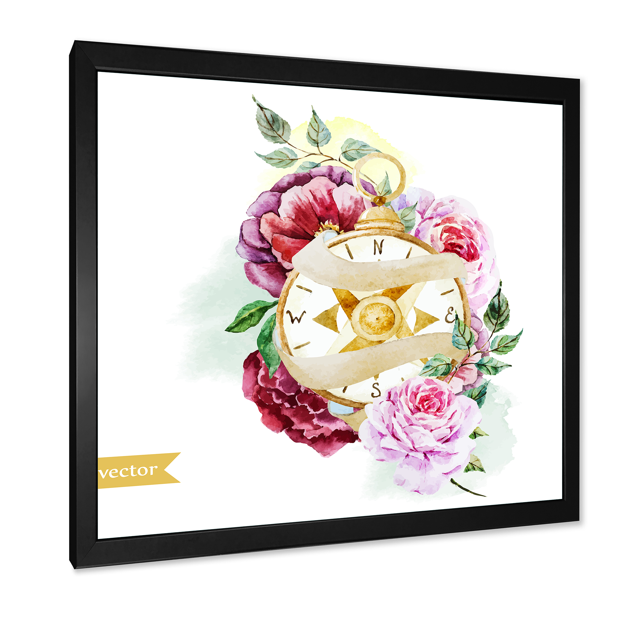 Designart 'Compass Among Flowers' Traditional Framed Art Print