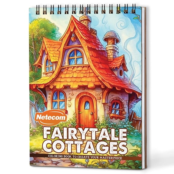 Netecom Fairytale Cottages Coloring Book Spiral Bound for Adults, A5 Wooden Cover, 30 Enchanting Homes Coloring Pages of Fanciful World for Stress Relief and Relaxation