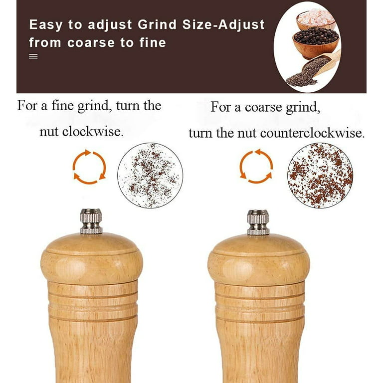 Wooden Pepper Mill or Salt Mill with a cleaning brush - 8 inch tall - Best  Pepper or Salt Grinder Wood with a Adjustable Ceramic Rotor and easily