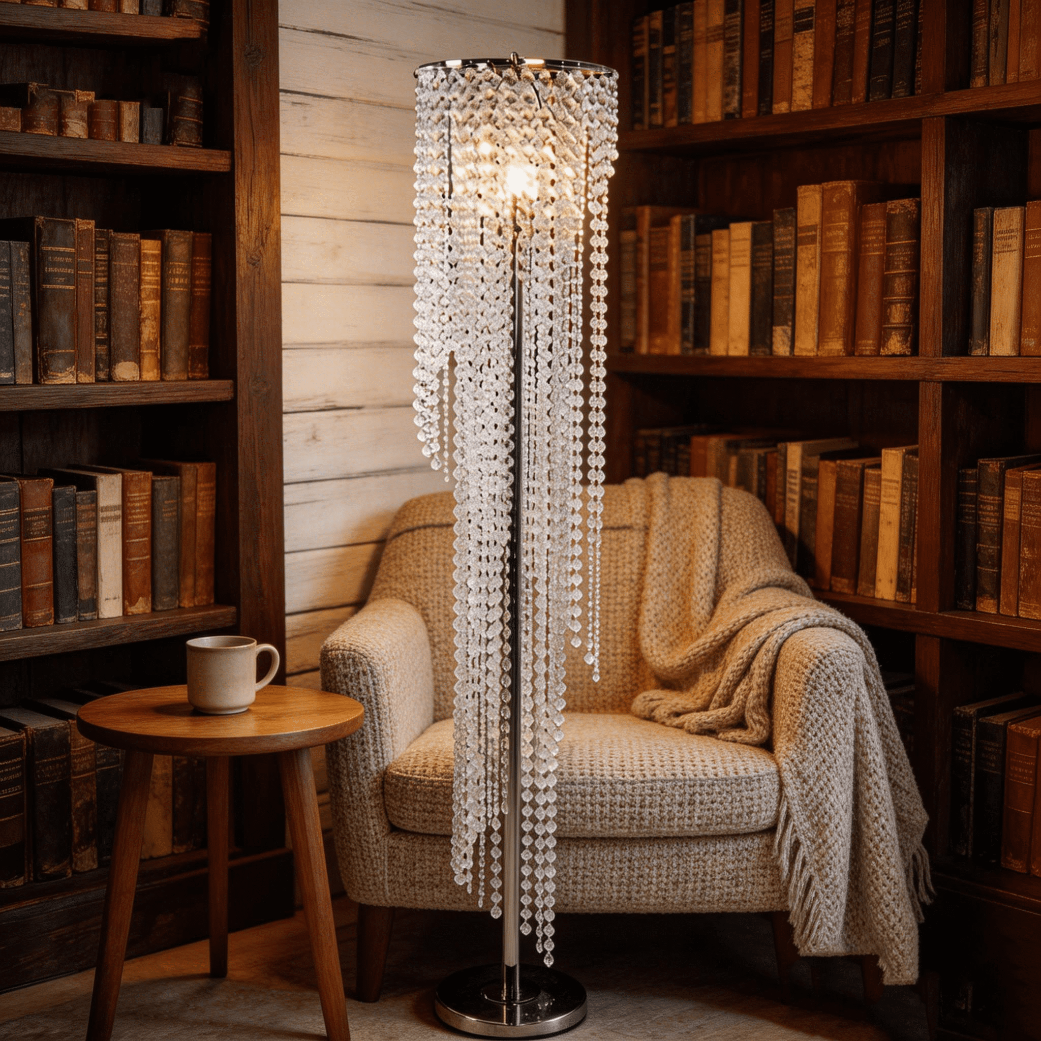 JERFIT Modern Crystal Floor Lamp for Living Room, Chrome Finish with Glass Beads, Tall Standing Lamp for Bedroom, Ambient Light with Refractive Crystals, UL Listed