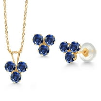 Gem Stone King 14K Yellow Gold Blue Created Sapphire 3 Stone Pendant and Earrings Jewelry Set for Women (1.26 Cttw, Round 3MM, with 18 inch Chain)