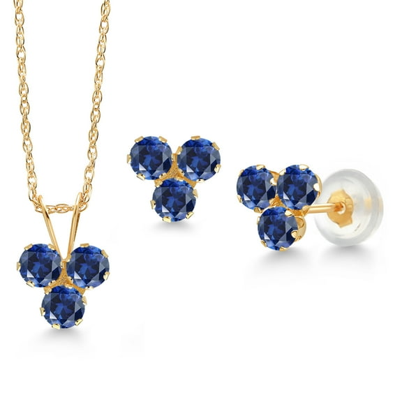 Gem Stone King 14K Yellow Gold Blue Created Sapphire 3 Stone Pendant and Earrings Jewelry Set for Women (1.26 Cttw, Round 3MM, with 18 inch Chain)