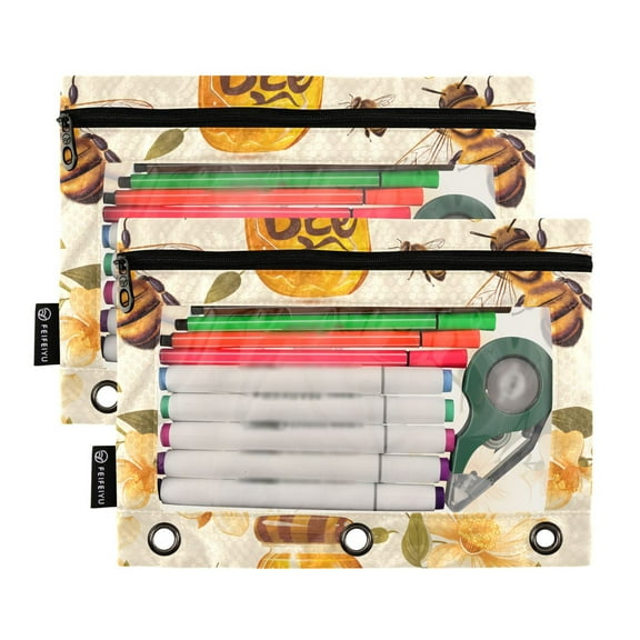 2 Pack Pencil Pouch for 3 Ring Binder Smooth Zipper Folders with Pockets Clear Window Pencil Case Bees and Honey