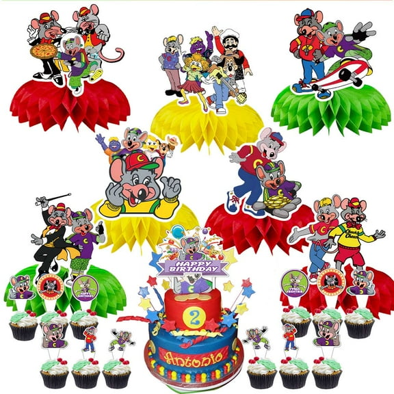 Chuck E Cheese Party Decor Supplies Honeycomb Centerpieces Table Toppers Cake Toppers Decorations for Birthday