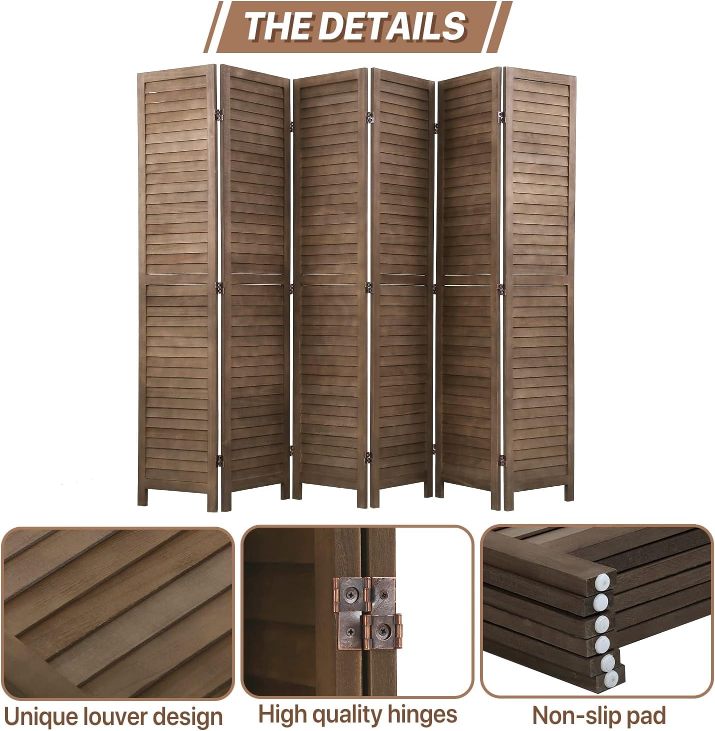 Dkelincs 6 Panel Wood Room Divider Folding Privacy Screen 5.75 Ft Freestanding Partition Wall Divider, Brown