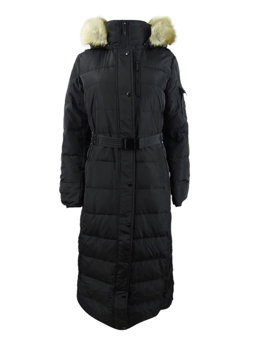 Michael Michael Kors Women s Belted Faux Fur Trim Hooded Coat M Navy Walmart