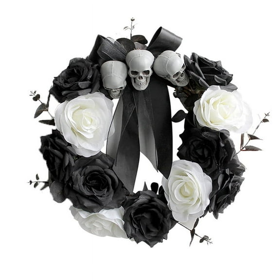 Skull Door Hanging Garland Black Decor Halloween Garland Floral Wreaths for Front Door Halloween Skull Rose Wreath