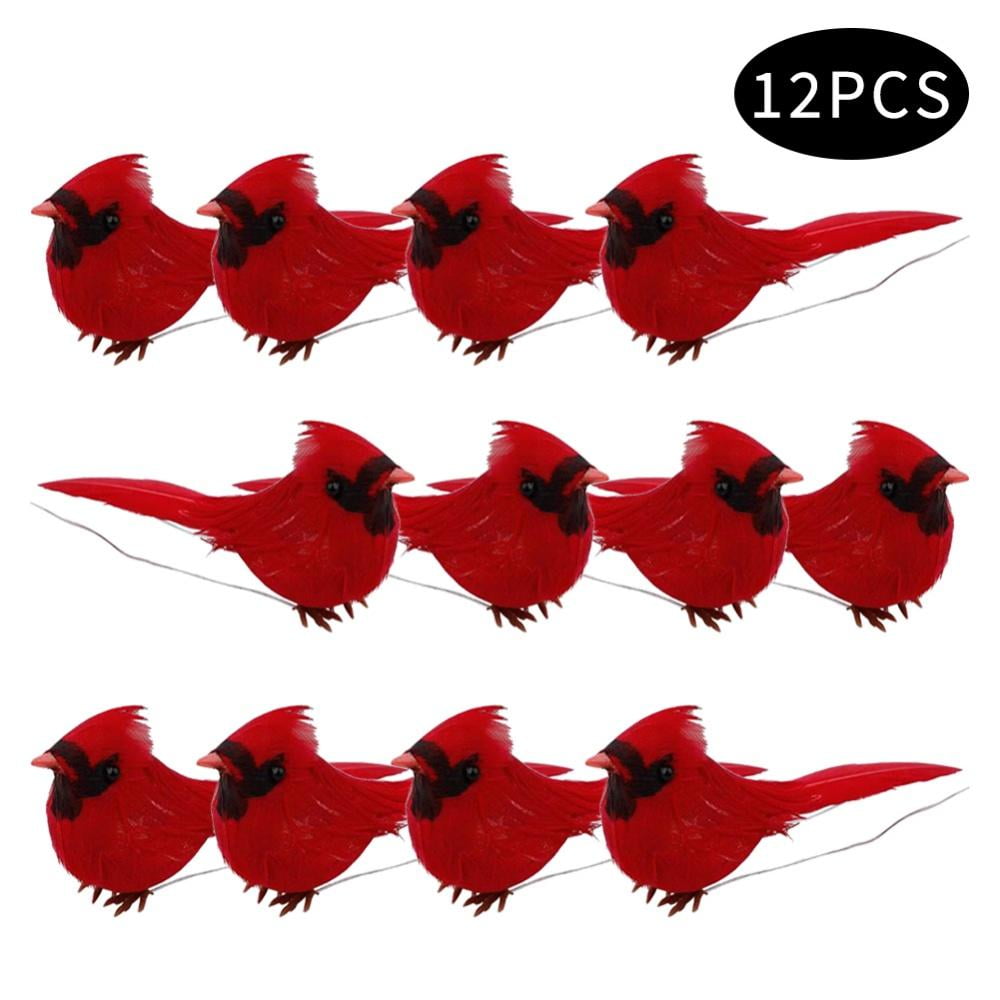 12Pcs Christmas Clip-on Artificial Red Cardinals Xmas Ornaments Feathered Bird 