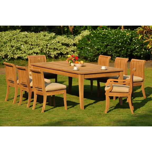Teak Dining Set: 8 Seater 9 Pc: Large Atnas 118" Dining Rectangle Table Table, 2 Arm & 6 Giva Armless Chairs Outdoor Patio Grade-A Teak Wood WholesaleTeak #WMDSGV55