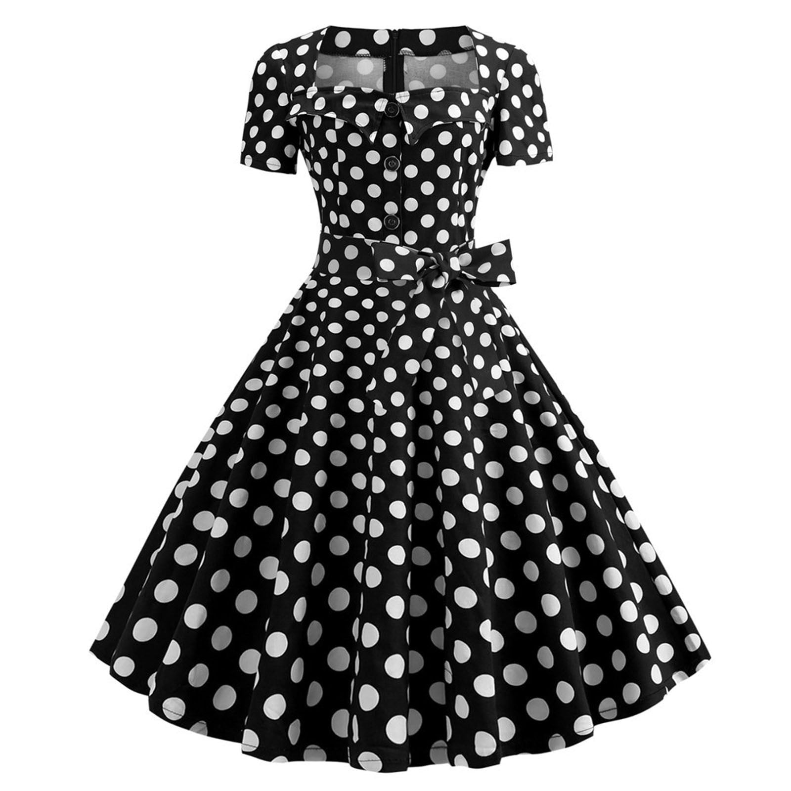 Women Vintage 50s 1950s Dress Square Neck A-line Polka Dot Print Dress ...