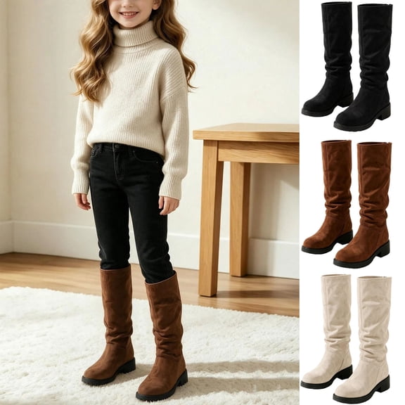 Girls Slouch Knee High Pull on Boots Faux Suede Low Block Heel Tall Riding Boots Solid Color Fall Winter Shoes Brown