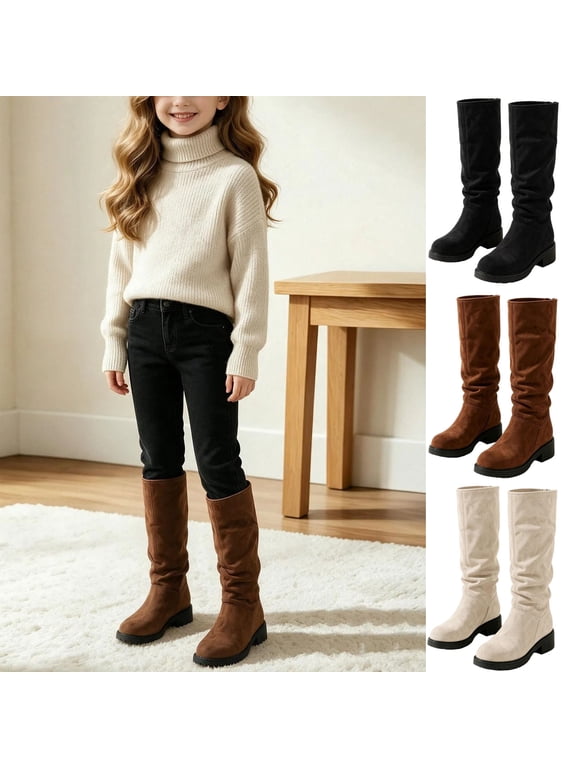 Girls Tall Knee High Boots with Slouch Shaft, Solid Color Anti Slip Pull On Low Block Heel Trendy Long Footwear for Fall Winter Daily Wear Brown