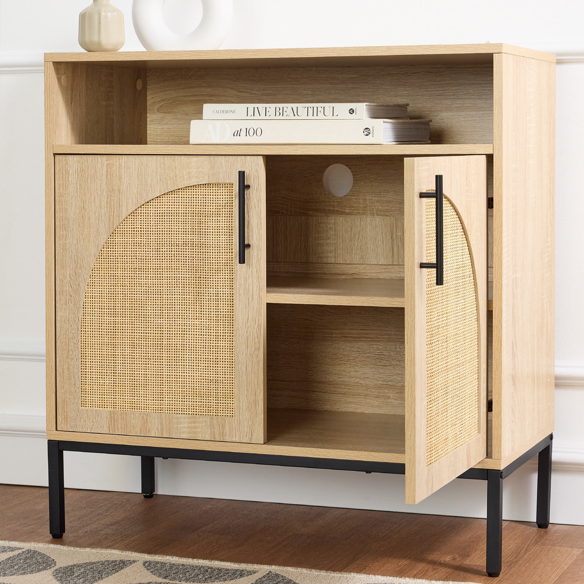 Best Choice Products Arched 2-Door Rattan Cabinet, Sideboard, Buffet, w/ Cord Cutout, Adjustable Storage Shelf - Natural