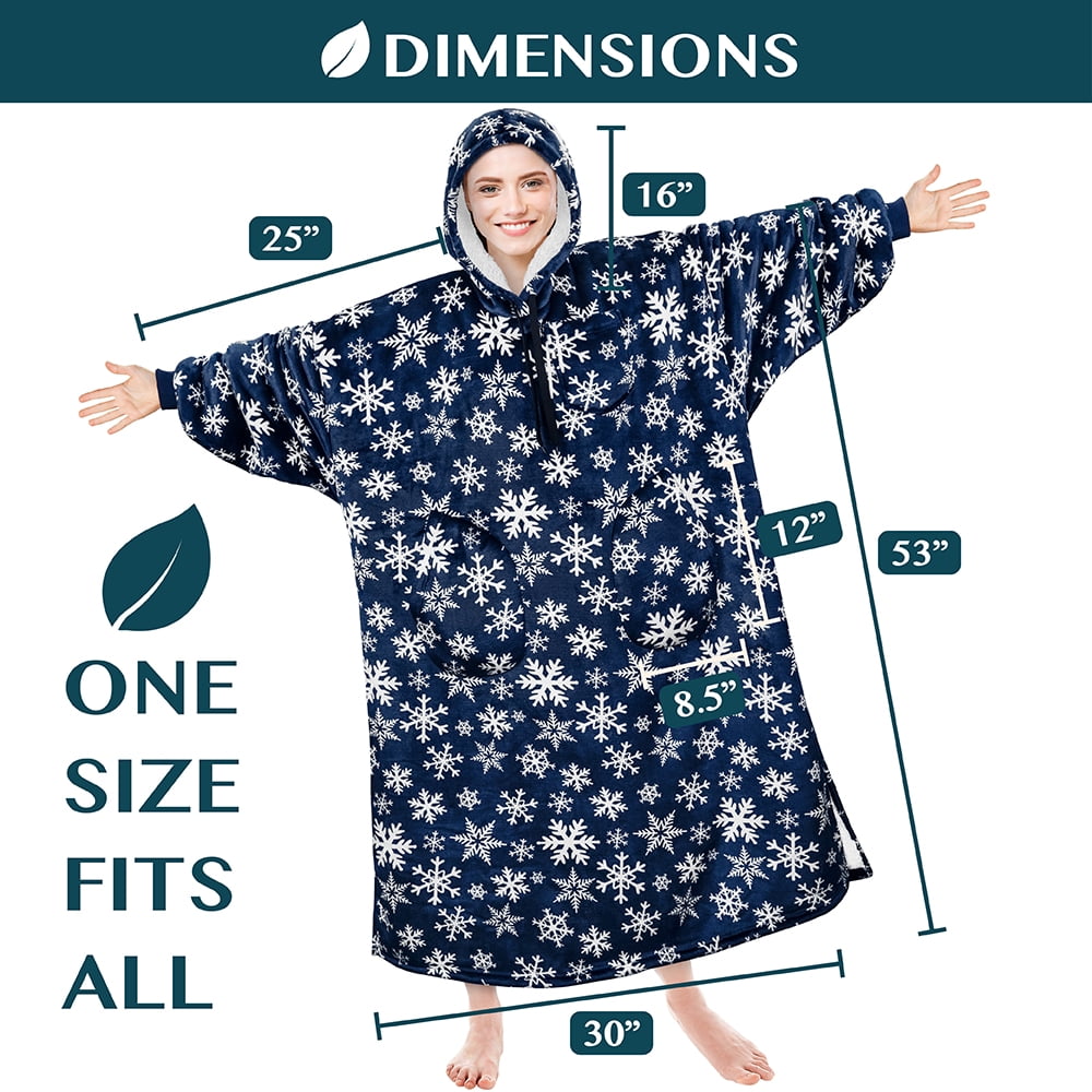 PAVILIA Blanket Hoodie for Women Blue, Sherpa Wearable Blanket Men, Cozy Oversized Sweatshirt Blanket, Warm Fleece Hooded Blanket Sweater with Sleeves and Two Big Pocket, Adult Long, Blue Snowflake