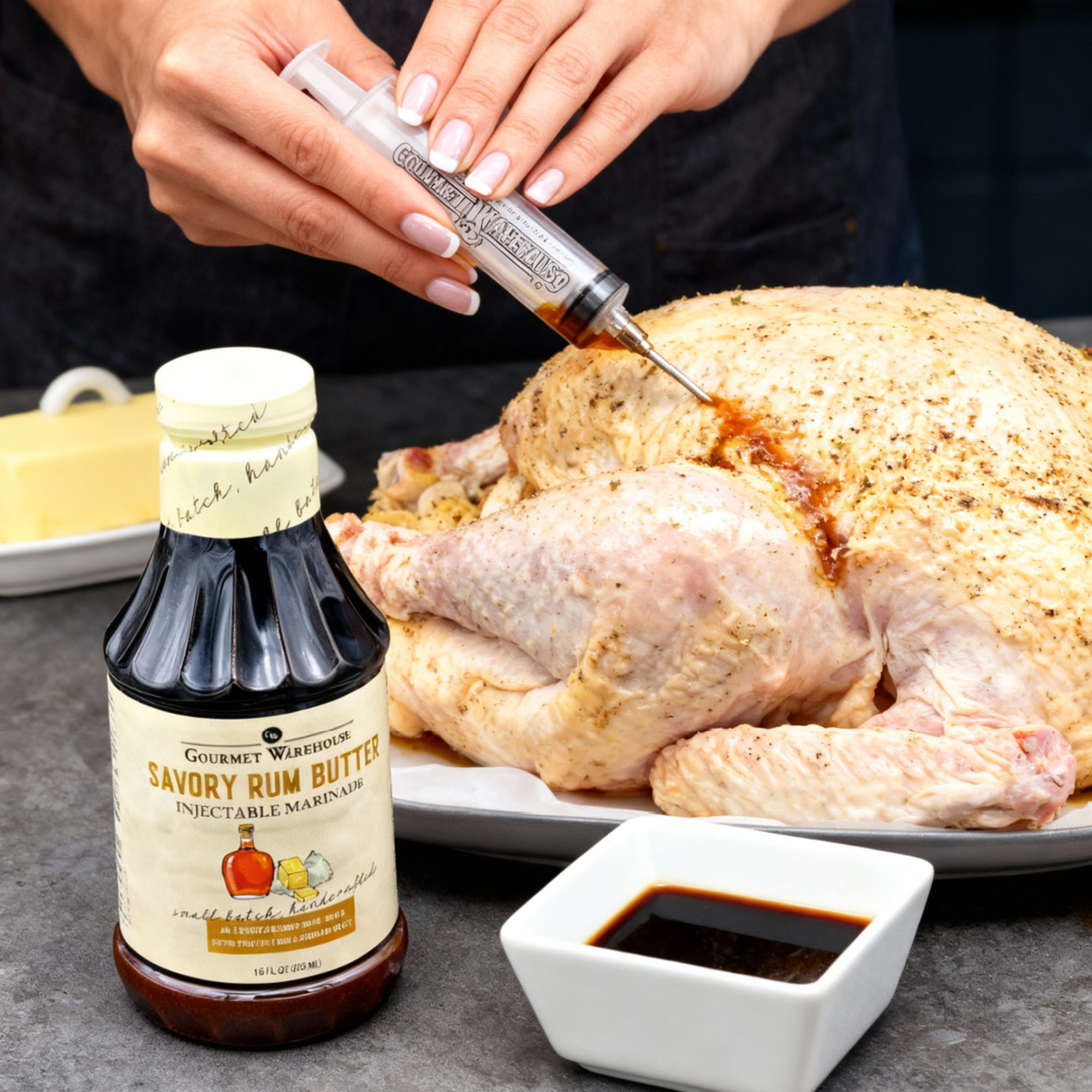 Gourmet Warehouse Savory Rum Butter Injectable Marinade, 16 fl oz – Includes Marinade Injector for Poultry and Roasts