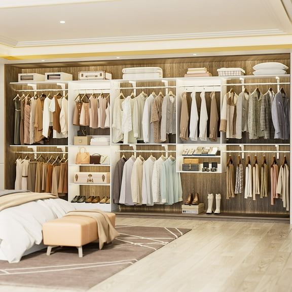 Homieasy 41 - 154'' Wall Closet Organizer System, Heavy Duty Closet System with 8 Hanging Rods & 6 Shelf Towers, Reversible, Cut to Fit, for Walk in Closet, Bedroom, Load 1400 lbs, White