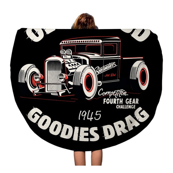 KDAGR 60 inch Round Beach Towel Blanket Garage Hot Rod Car and Auto Automobile Black Cartoon Travel Circle Circular Towels Mat Tapestry Beach Throw