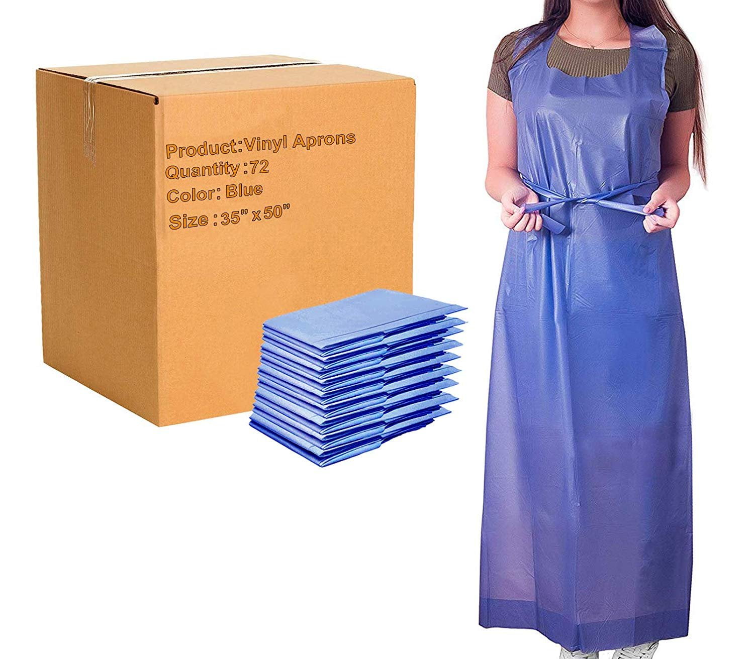 72 Pack Blue Die Cut Vinyl Aprons 35" x 50". Disposable Aprons for Meat