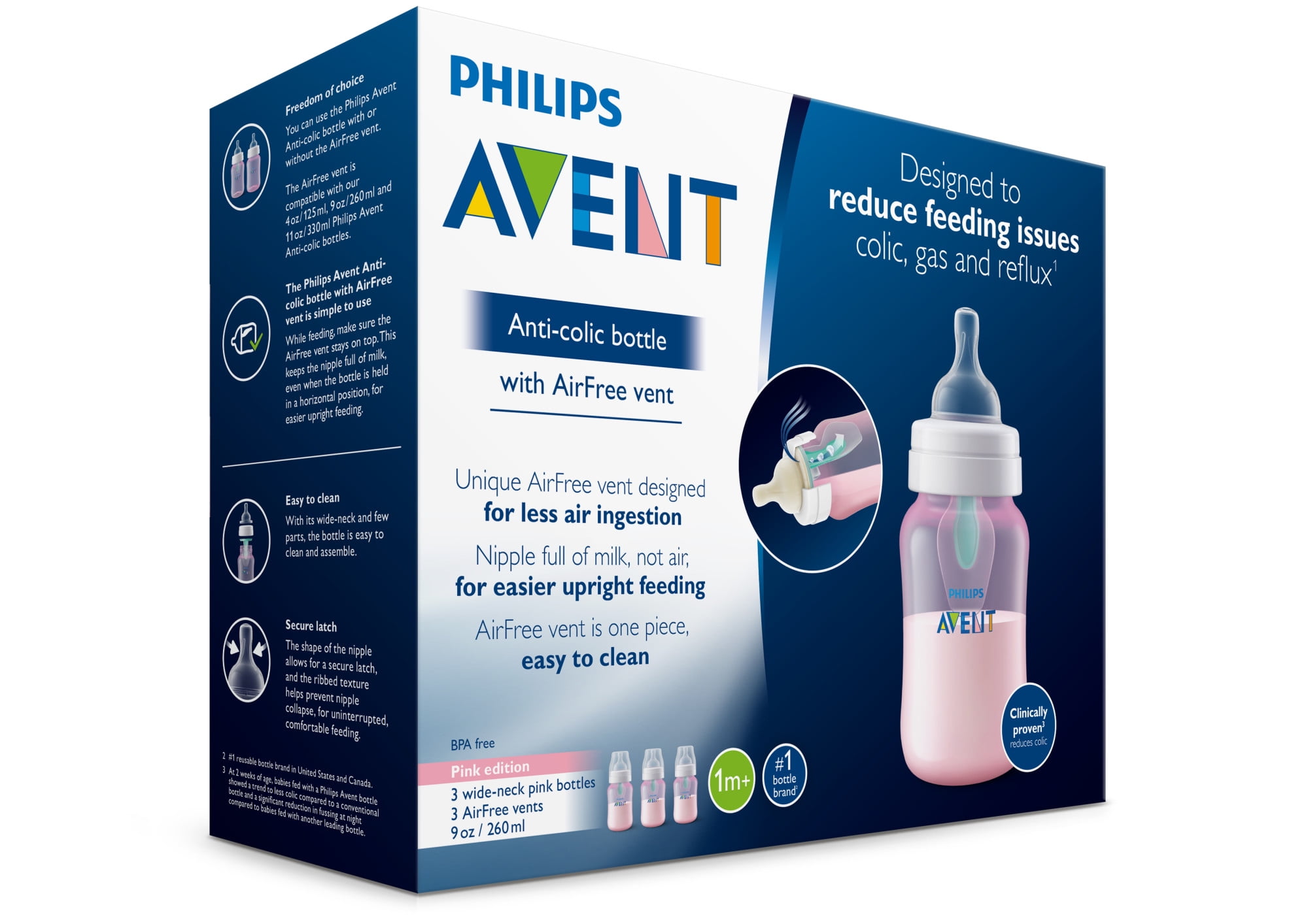 Philips Avent Anti-colic Bottle with AirFree Vent, 9oz, 3pk, Pink, SCF404/34