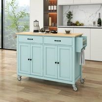 DEALTOPS 54.3" Kitchen Island Cart on Wheels, Kitchen Islands with Storage 4 Door Cabinet & Adjustable Shelves &Towel rack & 2 Drawers Storage Solid wood top-Mint Green